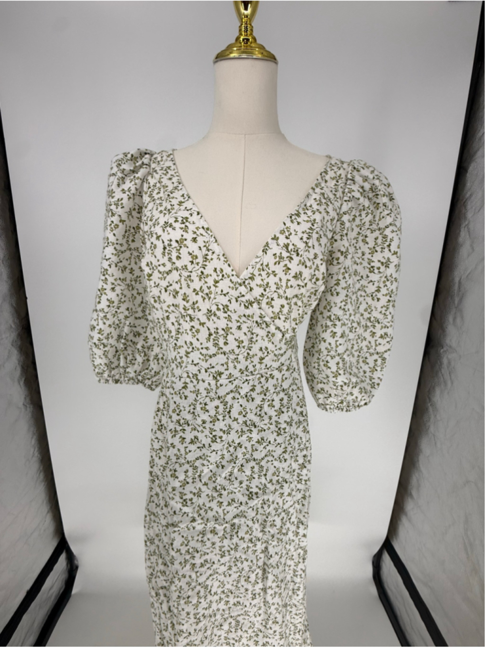 Reformation Mint Linen Dress M Green White Floral Wrap Puff Sleeve Midi